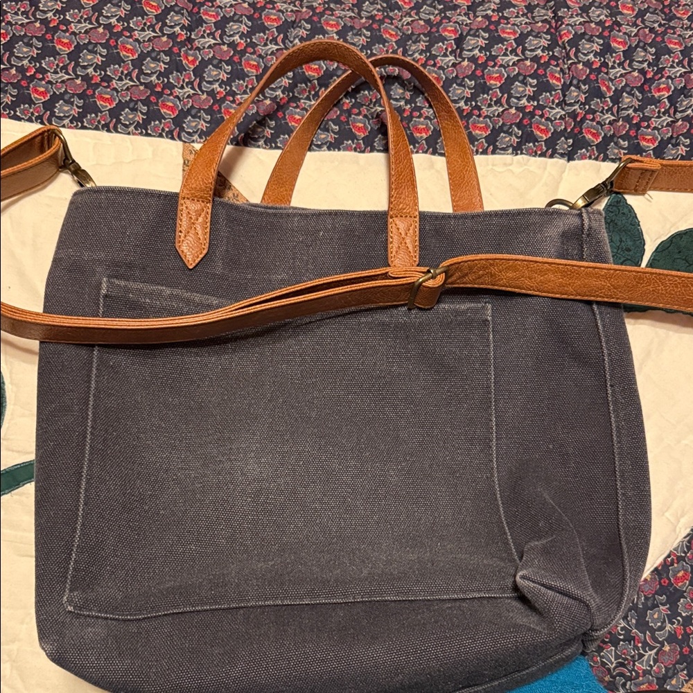 Thirty-One Charcoal Canvas Tote with Tan Straps